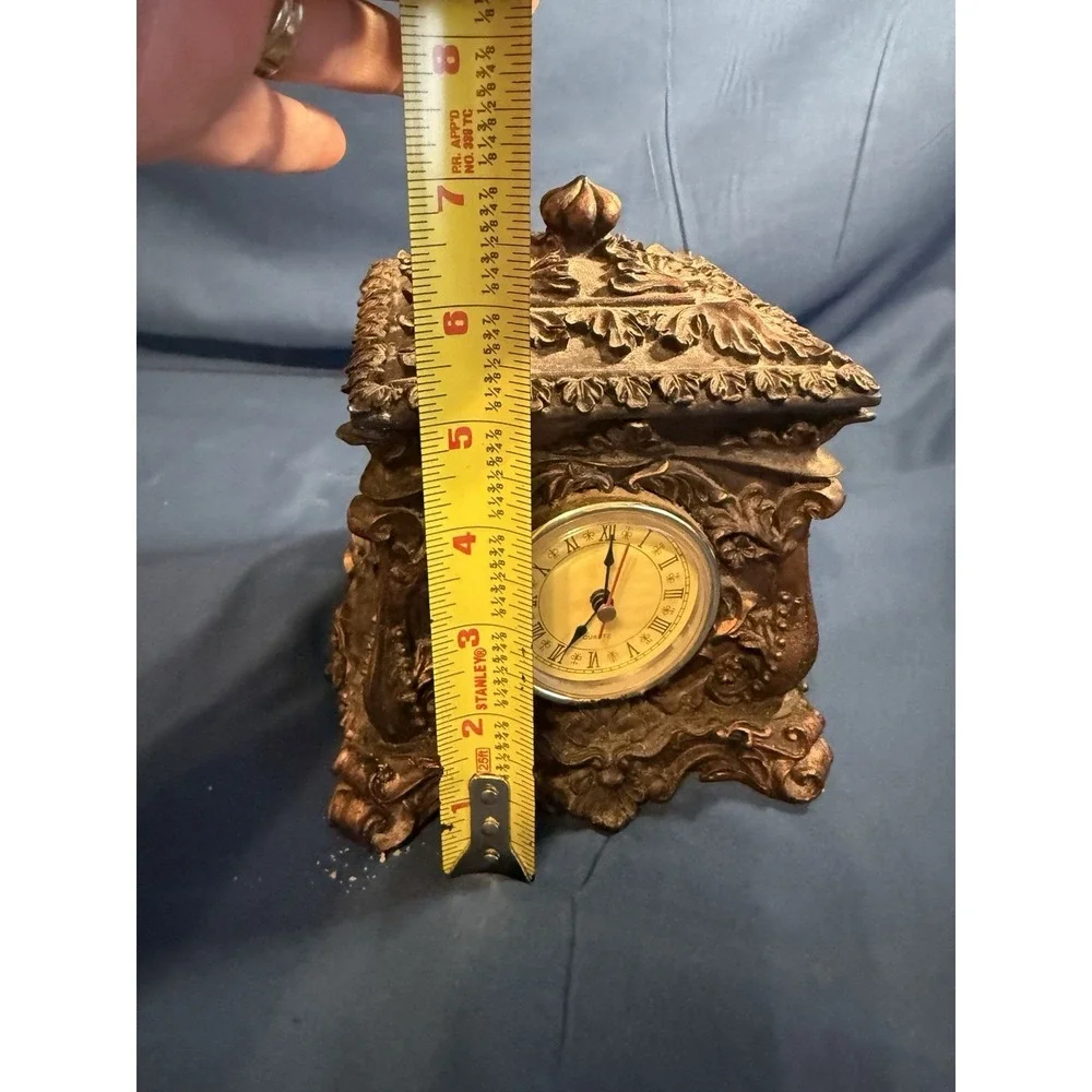 Vintage Ornate Faux Bronze Quartz Clock Trinket Jewelry Box Rococo Style Resin